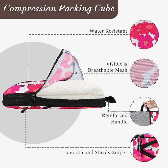 U+U 4 Set Compression Packing Cubes, Travel Organizers (Red Flower) | Space-Saving & Lightweight Travel - Image 2