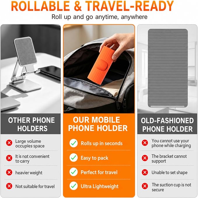 Airplane Phone Holder, Flexible Silicone Cell Phone Stand | Travel Essentials, Bendable Foldable, For Desk Bed Treadmill, 24 Suction Cups, Portable Plane Essentials for Flying - Image 6