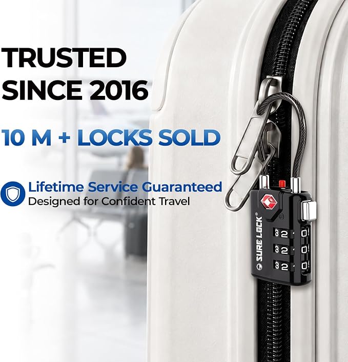 SURE LOCK TSA Approved Luggage Locks with Open Alert Indicator, 3 Digit Combination Cable Travel Lock for Suitcase, Backpack, Gym Locker, Toolbox & Travel Bag（1 Black） - Image 2