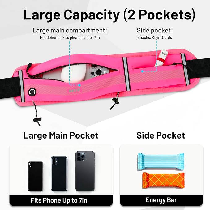 MIER Running Belt for Women & Men, Fanny Pack with Marathon Bib Clip, Pink | Slim Adjustable Phone Holder Pouch; Reflective Waist Packs for Running Essentials; Waterproof Zipper Pockets - Image 3