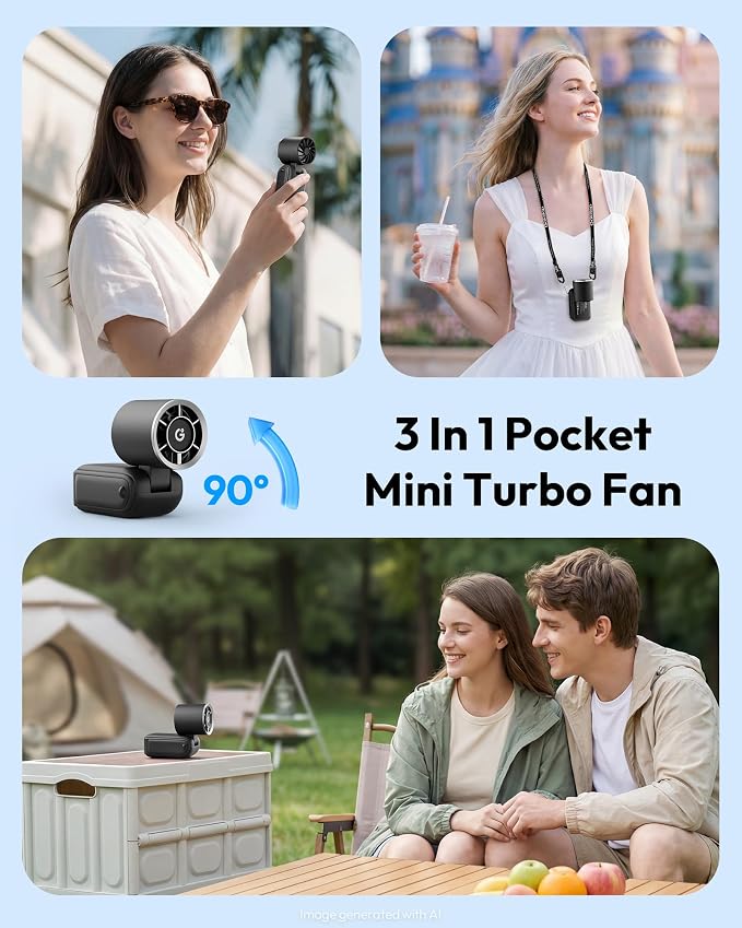Gaiatop Portable Mini Fan Handheld, 3-in-1 Foldable Pocket Fan, Up to 15H | Personal Small Hand Fan, 6-Speed Turbo Cooling, USB Rechargeable, Outdoor Travel Essentials, Gifts for Women Men Teens, Black - Image 2