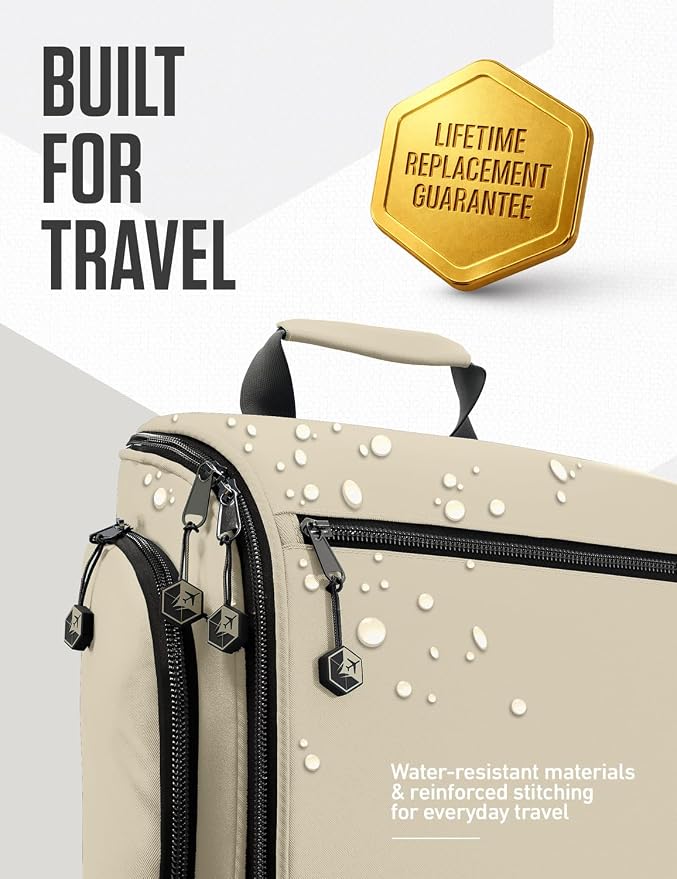 VENTURE 4TH Hanging Travel Toiletry Bag, 18 Compartments - Beige | Hangs on rails, hooks or doors; stands upright. Removable TSA pouch. Water-resistant Nylon 290D Twill, reinforced stitching. - Image 7