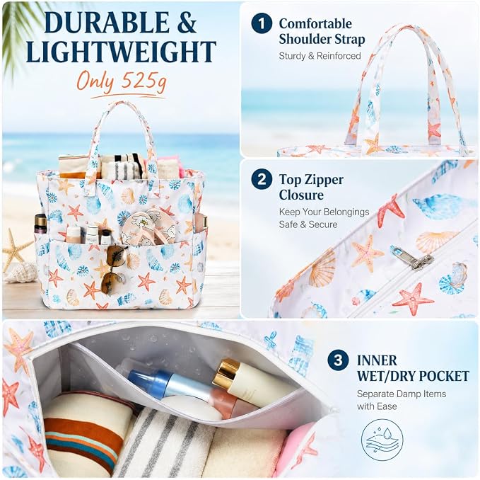 LEDAOU Beach Bag Waterproof Sandproof Women Beach Tote Pool Bag with Zipper for Swim Gym Grocery Travel with Wet Pocket | Sandproof - Image 5