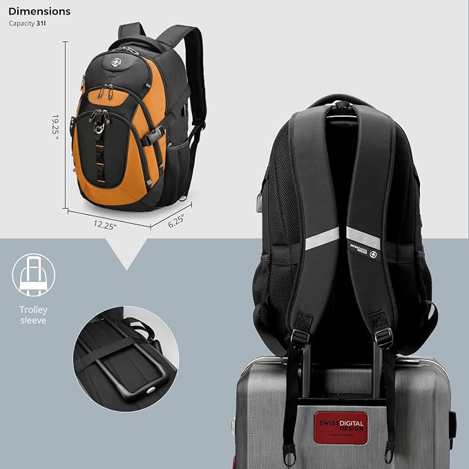 Swissdigital Design Laptop Backpack with USB Charging Port, Travel Backpack Fits 15.6 inches Computer, 31L College School Backpack for Men, Orange/Black | SD803-66 - Image 7