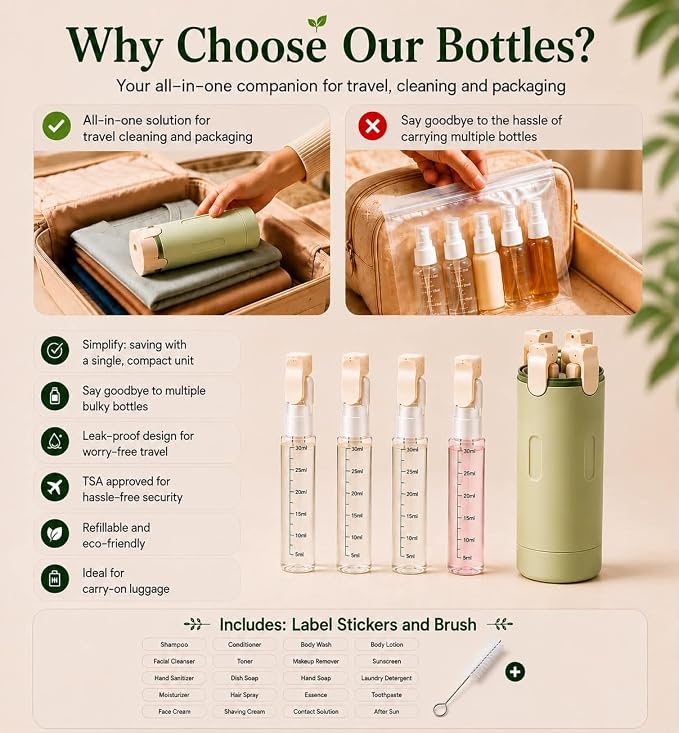 Green 4 in 1 Travel Dispenser for Toiletries, TSA Approved Leak Proof Refillable Travel Bottles for Shampoo, Conditioner, Lotion & Soap, Portable Travel-Size Container Accessories for Women & Men - Image 6