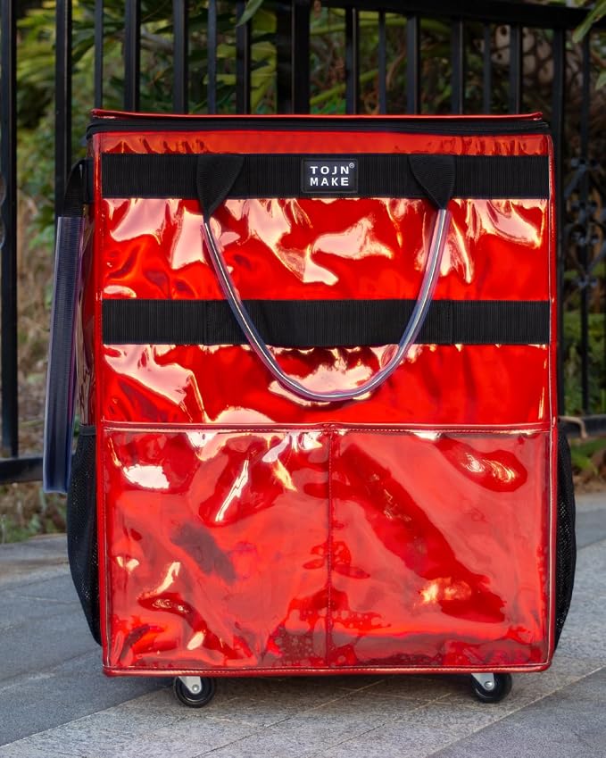 Reusable Grocery Bag with Wheels, Large Glitter Red Rolling Tote | 8 Pockets, Zipper Cover, Foldable for Women, Kitchen, Travel, Carries Up to 76LBS - Image 6