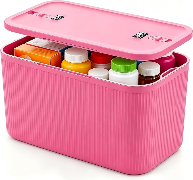 Lockable Storage Box, Large Lock Box with Combination Code – 2 inch Taller Version for Medication Safe, Phone Jail, Food Snacks, First Aid Kits, Refrigerator, Office, School, Home,Pink by EMLTHORY