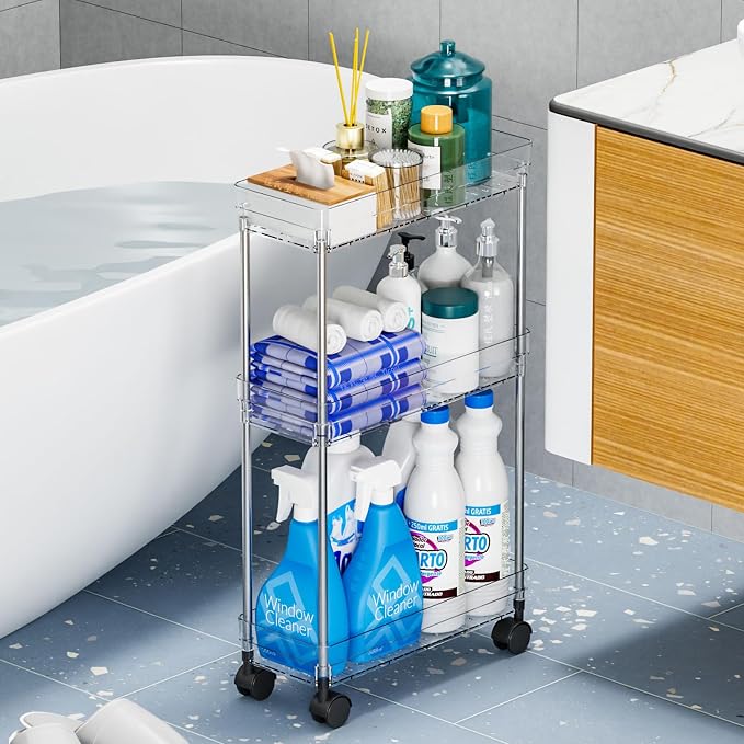 Clear 3 Tier Slim Rolling Storage Cart with Wheels,6.3″W Thin Shelf,Bathroom Storage Cabinet,Skinny Laundry Cart,Narrow Laundry Room Cart Between Washer and Dryer,Skinny Shelves for Small Space - Image 6