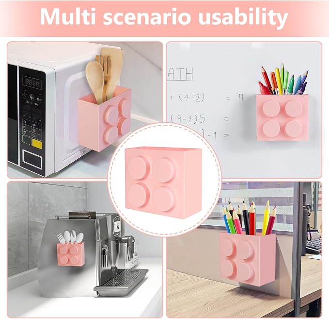 Magnetic Basket Organizer for Fridge - Lego-Style ABS Plastic Storage Box,No Drill Design for Kitchen Counter, Microwave & Whiteboard, Holds Up to 3.5 lbs(Pink) - Image 7