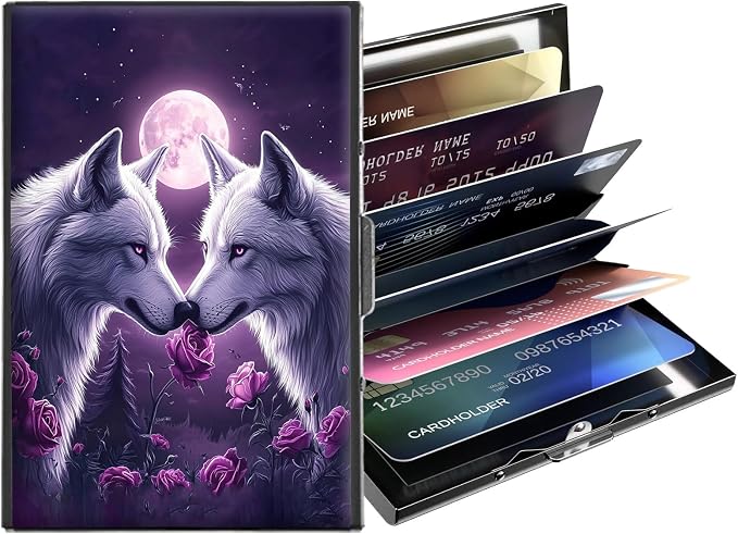 Metal Wallet,Credit Card Holder for Women,Slim RFID Blocking Credit Card Holder Thin Aluminum Wallet ID Case,6 Slot Business Mini Hard Metal Case for Women/Men,White Wolf Couple by Unknown