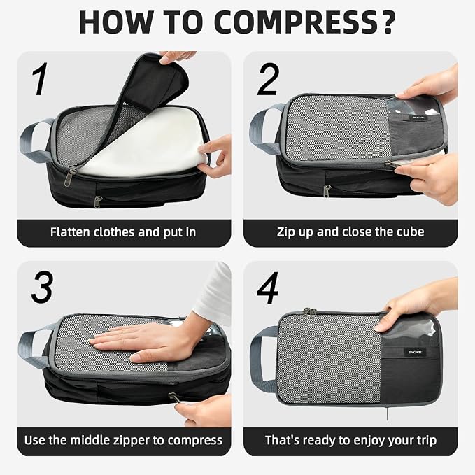 BAGAIL Lightweight Compression Packing Cubes for Travel, 6 Set, Dark Grey | Salis Nylon Fabric,Anti-Tearing,Save Space,SBS Zippers,Packing List,PVC Tag Pocket,Custom Labels,Visible Mesh,Portable Handel - Image 6