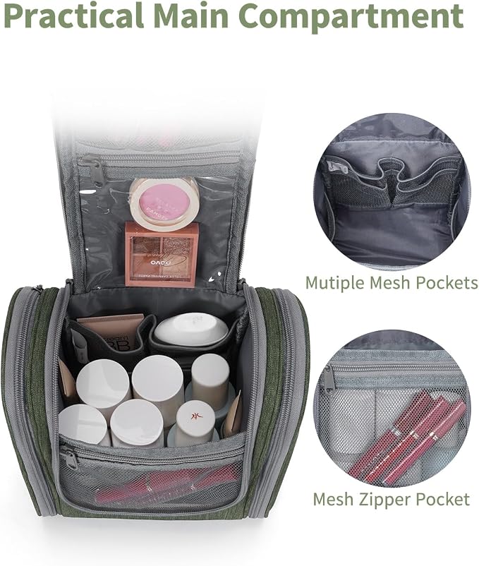 Narwey Small Hanging Travel Toiletry Bag Cosmetic Make up Organizer for Women and Men (Medium, Army Green) - Image 3