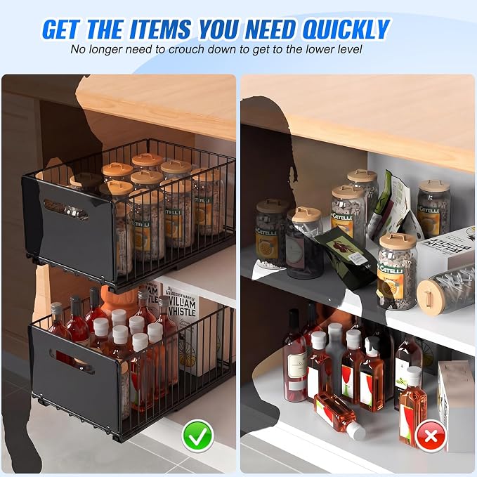 Pull Out Cabinet Organizer, No Drill Slide Out Drawer 2 Pack Black | Heavy Duty Carbon Steel Wire Basket, Adhesive Install, Foldable, 9.44 x 7.08 in, Kitchen Under Sink Pantry Bathroom - Image 5