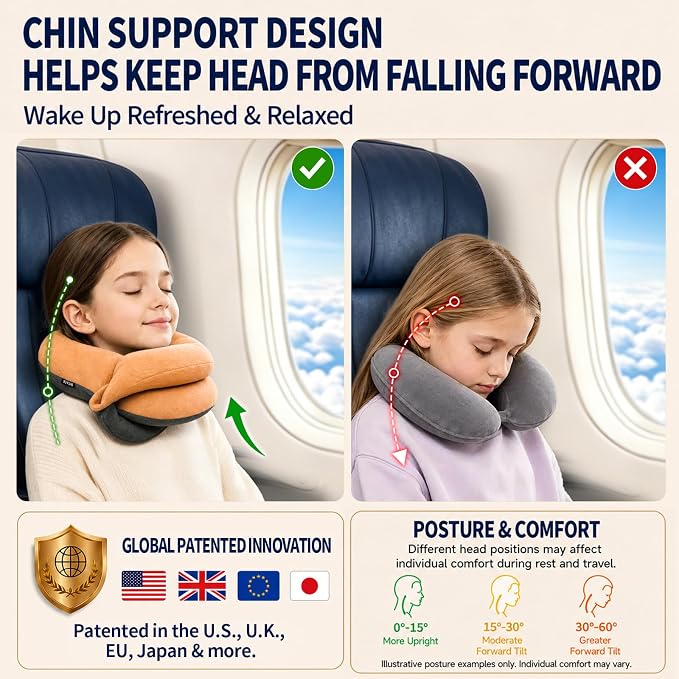 Kids Travel Pillows for Airplane, Memory Foam 360° Head Support Sleeping Essentials for Long Flight, Skin-Friendly Soft Neck Pillow for Traveling in Car Seat, (Small, Orange Grey, 40-90 lbs) - Image 3
