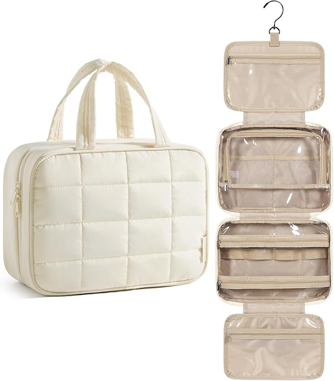 BAGSMART Travel Toiletry Bag for Womne, Hanging Travel Bag for Toiletries, Puffy Makeup Cosmetic Bag Organizer, Carry-on Travel Accessories Essentials, Beige by BAGSMART