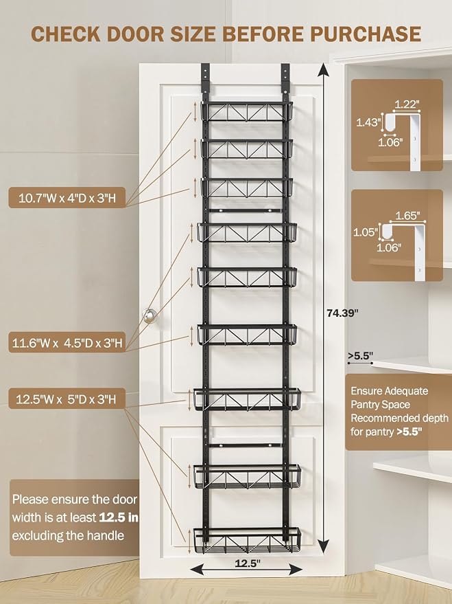 Delamu Adjustable Narrow Over the Door Pantry Organizer, 9-Tier Metal Pantry Organization and Storage for Kitchen, Hanging Spice Rack Seasoning Shelves, Cabinet Door Organizer for Easy Install, 12.5" - Image 2