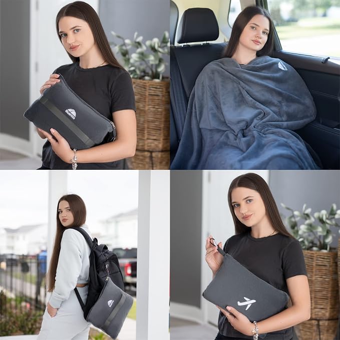 BlueHills Premium Soft Mini Plush Travel Blanket Value Pack Set of 2 - Airplane Travel Essential Flight Blanket Throw in a case with Strap Compact for Car Plane Travel Gift – Gray and Beige. - Image 2