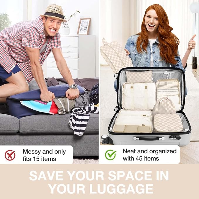 8 Set Packing Cubes for Suitcases,Packing Cube with Shoe, Cosmetics, Clothing, and Accessories Bags Packing Cubes for Travel Luggage Organizer Women Men(Khaki Grid-A) - Image 6