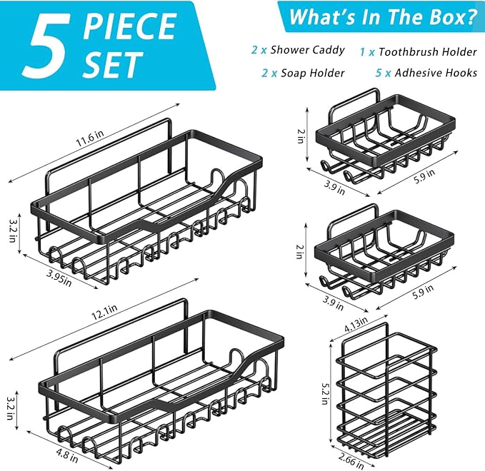 Fammart Adhesive Shower Caddy, 5-Pack Rustproof Stainless Steel Bathroom Organizer with 28 Hooks, No-Drill Large Capacity Shower Shelves for Bathroom Storage & Home Décor, Black - Image 3