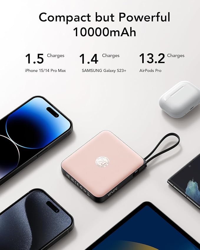 VRURC Portable Charger for iPhone Built-in Cables, 22.5W USB C Fast Charging 10000mAh Pocket Power Bank, Battery Pack for iPhone 17/16/15 & Samsung Galaxy Android Phone, Pink(1 Pack) - Image 6
