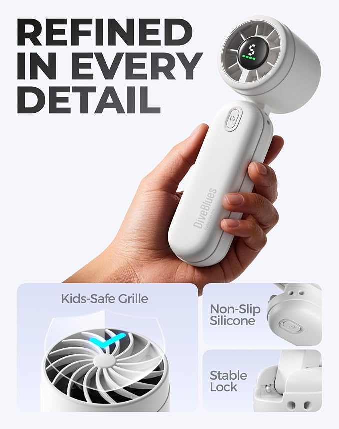 Diveblues Mini Portable Handheld Turbo Fan 27ft/s, 4000mAh Battery | 12H Max Cooling, 5 Speeds, LED Display, Quiet Motor, 3-in-1 Handheld/Neck/Desk Fan for Travel, Cruise & Disney Essentials - Image 7