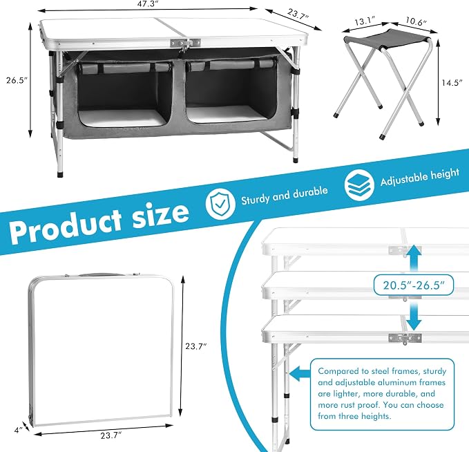 Camp Field Camping Folding Aluminum Table with Adjustable Legs for Outdoor Travel Beach, Backyards, BBQ, Party and Picnic Foldable Table - Image 2