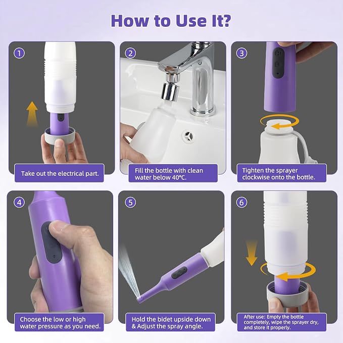 Hibbent Portable Bidet for Travel, High Pressure Electric Handheld Bidet Sprayer, 350-550ML Expandable Bottle for Personal Hygiene, USB-C Rechargeable Waterproof Sprayer for Women & Men, Purple - Image 8