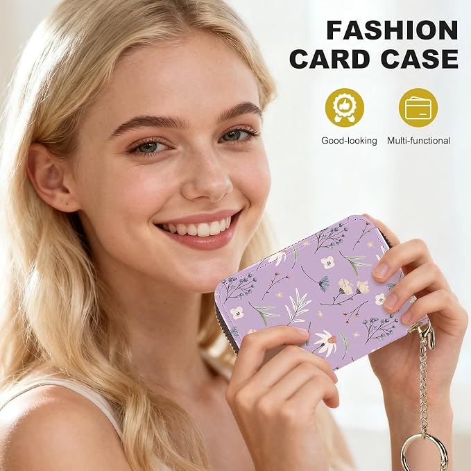 Credit Card Holder for Women,Small Rfid Wallet with Keychain Zipper,Cute PU Leather Card Case Wallet，Accordion Credit Card Wallets Gift,Leaves and Floral Patterns - Image 6