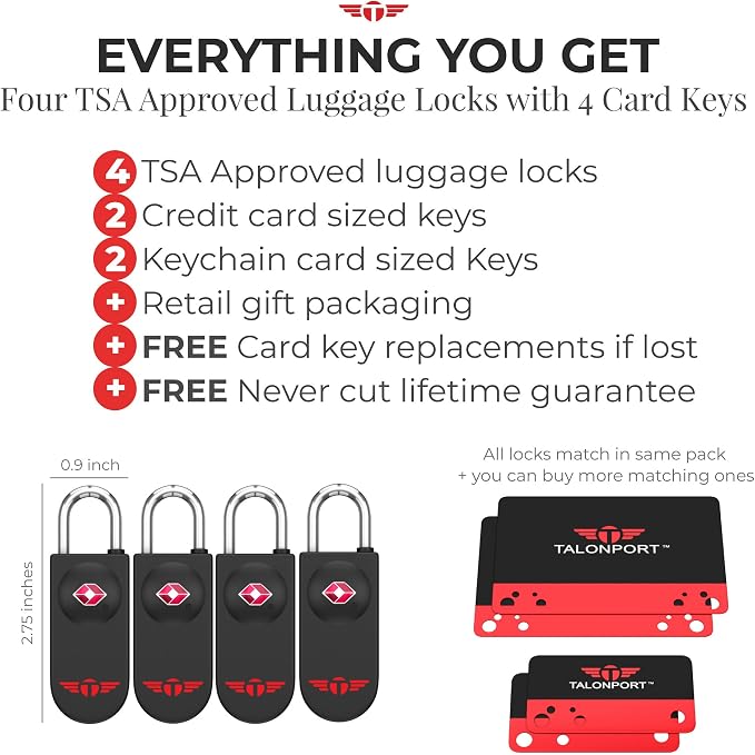 Keyless TSA Approved Suitcase Luggage Locks, Black 4-Pack | No Combination to Remember, Durable Zinc Alloy Build, Free Lifetime Card-Key Replacements, Secures Bags, Lockers & Gym - Image 3