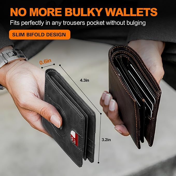 Wallet for Men Slim RFID Blocking Bifold Carbon Fiber,Minimalist Small Compact Front Pocket Credit Card Holder,Thin Mens Leather Wallets Smart Security With 2 ID windows 1 Cash (Crazy Horse Grey) - Image 5
