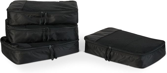 Amazon Essentials 4-Piece Packing Cubes Travel Accessories Set, Luggage Organizer with Double Zipper, Mesh Top, Space-Saving, Medium, Black (Previously Amazon Basics) by AmazonEssentials