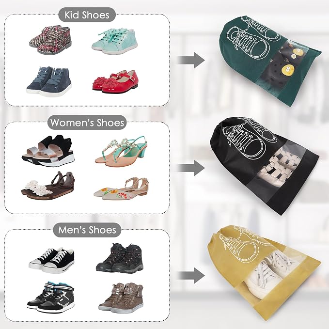 10 Pcs Portable Travel Shoe Bags, 17.3 x 12.6 Inches Waterproof Non-Woven Shoe Organizers Storage Bags, Large Drawstring Shoes Pouch Packing Organizers with Rope for Men, Women, Children - Image 4