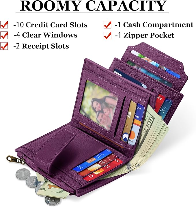Small Wallet Women RFID Blocking Soft Leather Bifold Compact Card Holder Wallet for Women with Zipper Coin Pocket 4 ID Window - Image 2