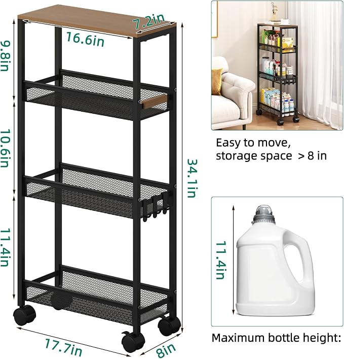 4-Tier Slim Utility Rolling Laundry Cart with Wheels, Easy to Assemble | 7.2" Wide for Narrow Spaces, Wood Top with Metal Frame, Mobile Storage Shelves for Bathroom, Kitchen, Office - Image 5