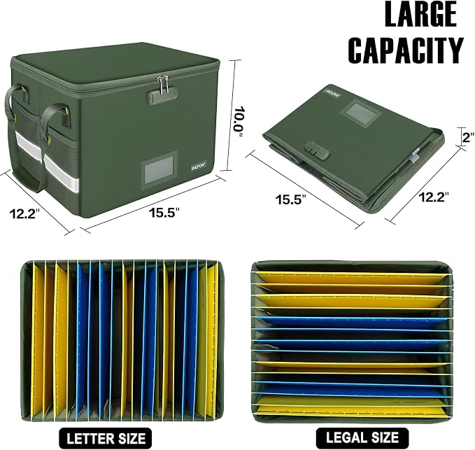 ENGPOW File Box with Lock, Fireproof Document Box with Zipper Lid, Collapsible File Storage Organizer Filing Cabinet with Handle, Portable Home Office Safe for Hanging Letter/Legal Folders, Green - Image 5