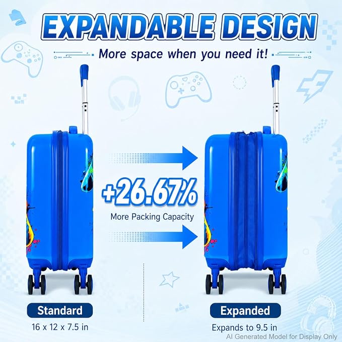 Boys Suitcase, Lightweight Hardshell Spinner Kids Luggage Set 2PCS with Wheels - Airplane Approved Carry-On for Children Ages 3-10, Energetic Game Rolling Suitcases for Elementary Toddler Travel - Image 4