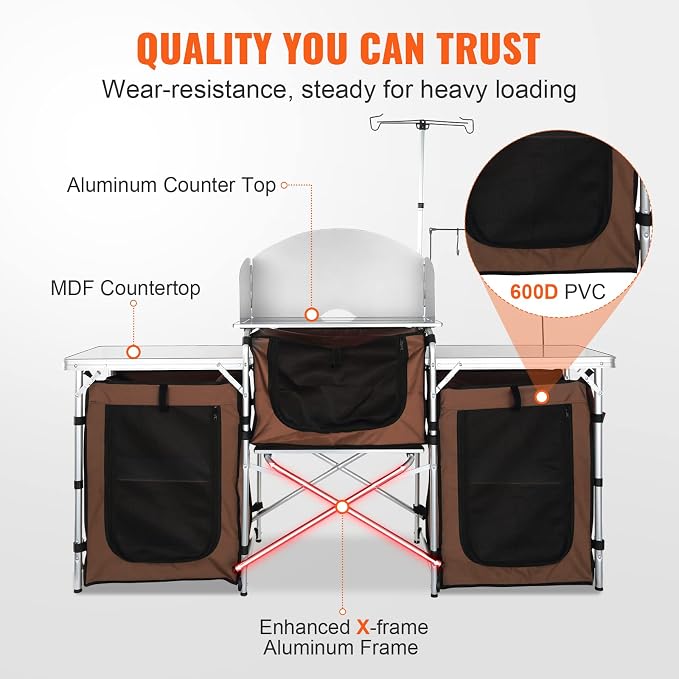 VEVOR Camping Kitchen Table, Folding Outdoor Cooking Table with Storage Carrying Bag, Aluminum Cook Station 3 Cupboard & Detachable Windscreen, Quick Set-up for Picnics, BBQ, RV Traveling, Brown - Image 7
