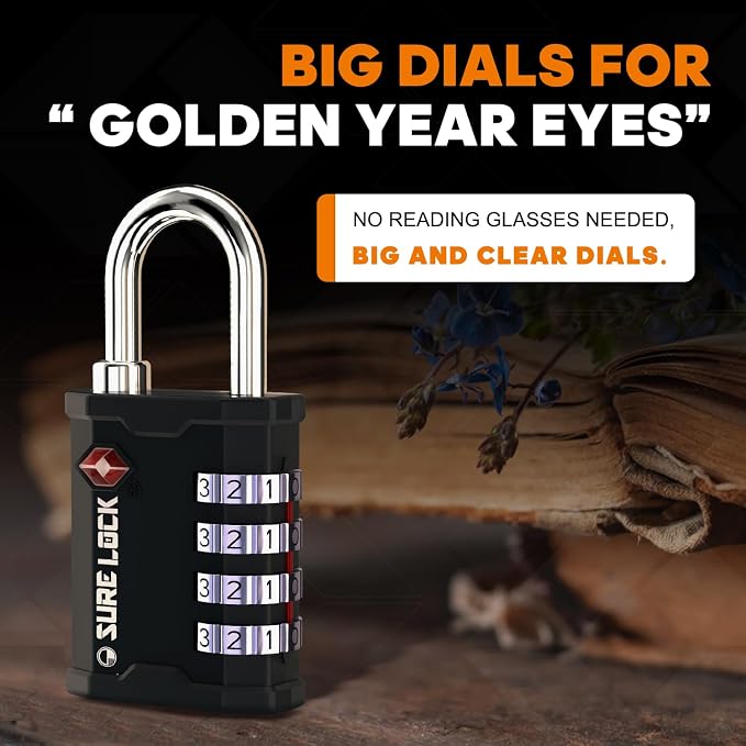 SURE LOCK TSA Approved 4 Digit Combination Lock, Heavy Duty Padlock with Red Dot Indicator for Gun Cases, Pelican Cases, Tool Boxes, Gym Lockers, Storage Units & Outdoor Gates(1,Black) - Image 3