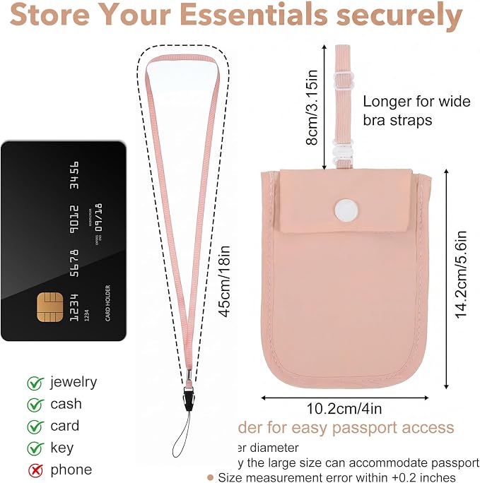 RFID Blocking Hidden Bra Wallet, Travel Money Pouch With Adjustable Strap, Money Belt for Travel Women Hidden, Secret Pocket for Valuables(Pink) - Image 2