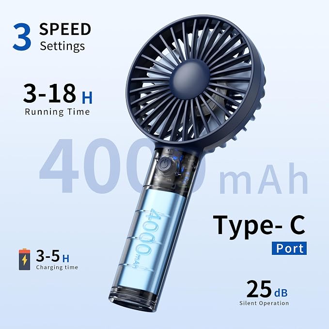 Jancane Handheld Fan, USB Rechargeable Mini Portable Fan with Base, 10H Battery, Strong Wind, Small & Powerful, Cute Design for Travel, Makeup, Girls Women Summer Gift (Dark Blue) - Image 3