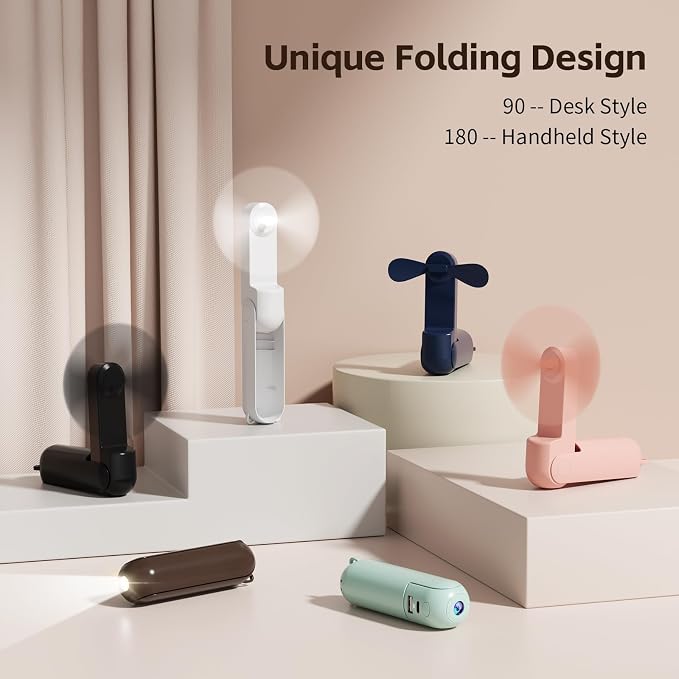 Portable Fan, Mini Handheld Fan with Power Bank, Cute USB Rechargeable Pocket Fan, Foldable Small Cooling Fan with LED Light, Personal Travel Fan,Summer,Beach Essentials,Summer Gift for Women - Image 3