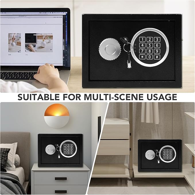 0.21 Cu Ft Steel Security Safe Box with Digital Lock Keypad ​ | Electronic Safe Comes With 2 Emergency Keys, Ideal For Storing Cash, Jewelry & Documents At Home, Office And Hotel，Black - Image 8