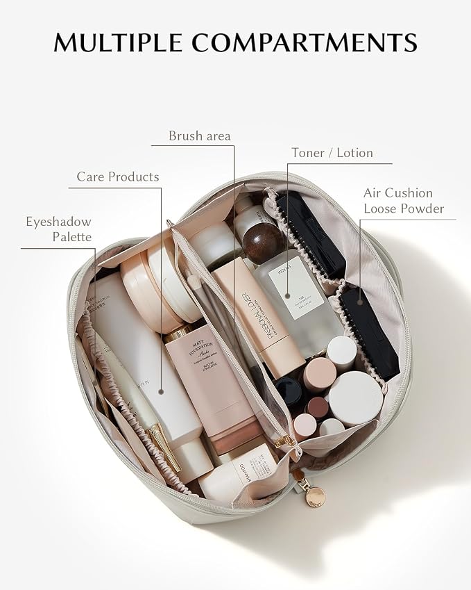 EACHY Travel Makeup Bag for Women, Flat Open Cosmetic Bag, Gray, Medium | Flat-open cosmetic organizer with pockets and clear TPU brush compartment for makeup, toiletries and travel essentials - Image 2