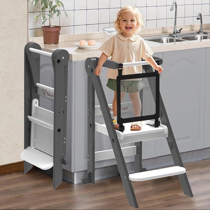 Foldable Toddler Tower, 3 Adjustable Height, Toddler Kitchen Stool Helper | Wooden Standing Tower with Safety Net ,Safety Feet,for Kitchen, Bathroom, Study Room,Offer Customer Service by Unknown