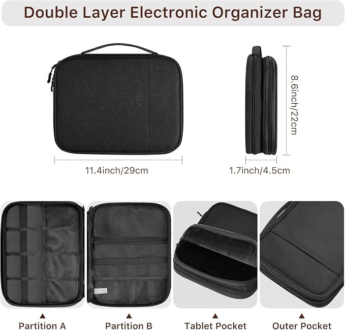 Dadanism Electronics Travel Organizer Case, Double Layers Cord Organizer | Travel All-in-One Storage Bag for Cable, Cord, iPad, Chargers, fits 9-11'' Tablets, Portable Tech Accessories Bag, Black - Image 2