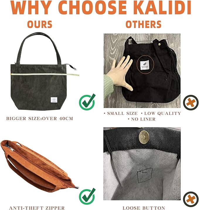 KALIDI Women Corduroy Tote Bag Zipper Casual Tote's Handbag Big Capacity Shoulder Bag with Pockets - Image 6