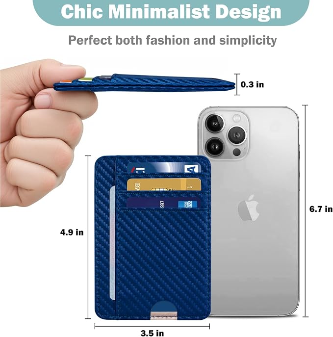 HOTCOOL Slim Wallet for Men, Minimalist Front Pocket Simple Leather Credit Card Holder RFID Blocking for Men & Women, Thin Organizer Gifts, Carbon Fiber - Blue - Image 3