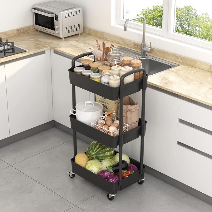 Sywhitta 3-Tier Plastic Rolling Utility Cart with Wheels for Storage,Black | Multi-Functional Storage Trolley, for Office, Living Room, Kitchen, Bathroom,Movable Organizer,Space-Saving,Easy to assemble - Image 3
