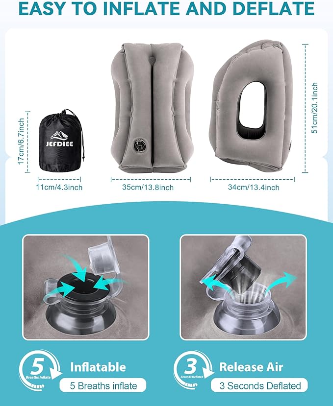 Inflatable Travel Pillow, Airplane Neck Pillow Comfortably Supports Head and Chin for Airplanes, Trains, Cars Office Napping on The Tray Table (Grey) - Image 6