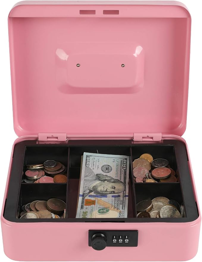 xydled Steel Cash Box Safe with Combination Lock,Money Safe Box with Removable Coin Tray,Large,9.84"x 7.87"x 3.54",Pink - Image 6
